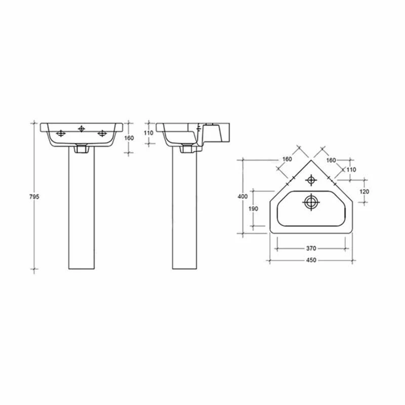 Essential IVY Corner Pedestal Basin Only 450mm Wide 1 Tap Hole White - EC7001 2 Essential IVY Corner Pedestal Basin Only 450mm Wide 1 Tap Hole White - EC7001 - Image 2